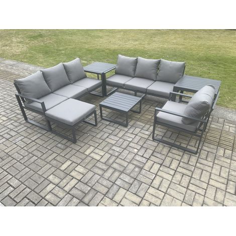 Fimous Aluminium 8 Seater Outdoor Garden Furniture Lounge Sofa Set with Square Coffee Table Chair Big Footstool 2 Side Tables Dark Grey (1/5)
