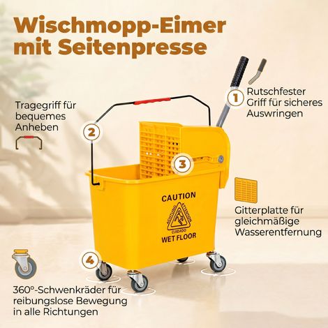 Seau à serpillère 20 L avec essoreuse et manche, seau de lavage à roulettes en plastique jaune (1/5)