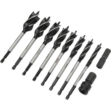 Jeu de forets hélicoïdaux, 4 goujures, évacuation rapide des copeaux, coupe efficace, foret à bois de 10 à 25 mm avec adaptateur (1/5)