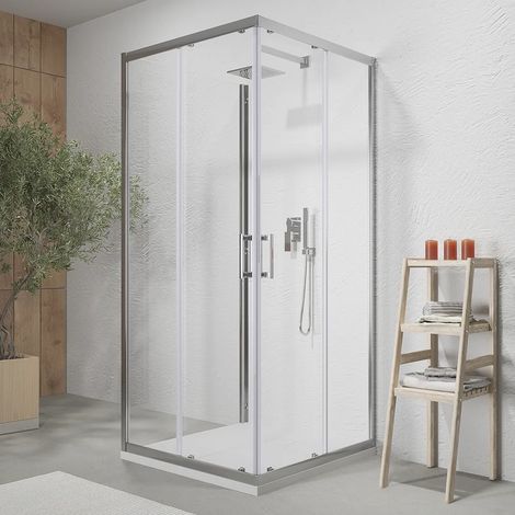 Cabine de douche 3 côtés 80x100x80 cm avec double porte coulissante et paroi fixe Profilés en aluminium chromé Verre transparent 6 mm h190 - Réversible Mod. Tremiti