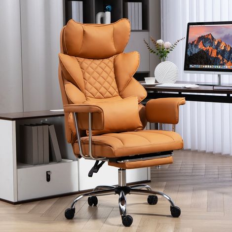 fauteuil de bureau exécutif en simili cuir pu couleur marron inclinable 135° avec repose-pieds rétractable coussin lombaire et cervical roulettes silencieuses pour bureau maison (1/5)