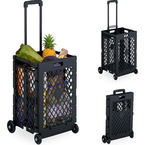 Chariot de Courses Pliable, Caisse sur roulettes, 25 kg, poignée télescopique, grillagé, Noir (1/5)