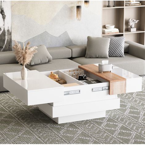 Mesa de centro cuadrada (70x70x39 cm), tablero extensible, almacenaje oculto, aglomerado, blanco y madera natural (1/5)