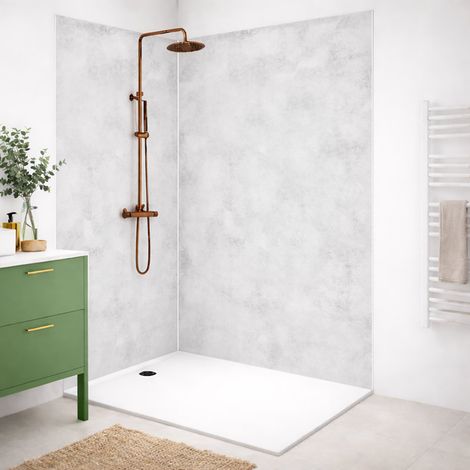 Lot de 2 panneaux de douche en PVC (90x220 & 120x220 cm) + profilés blanc - Béton Clair - Gris