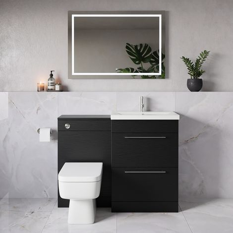 Napoli 390 Nero Oak 1100mm 2 Drawer Vanity Unit Toilet Suite with Glide Basin - 1100mm - Chrome 320mm HandleWith Kingston Toilet Pan and Seat