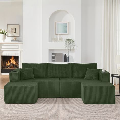 Canapé d’angle modulable 3 places en velours côtelé 230x138x75cm avec 2 poufs mobiles,porte-gobelets,poches latérales,Vert (1/5)