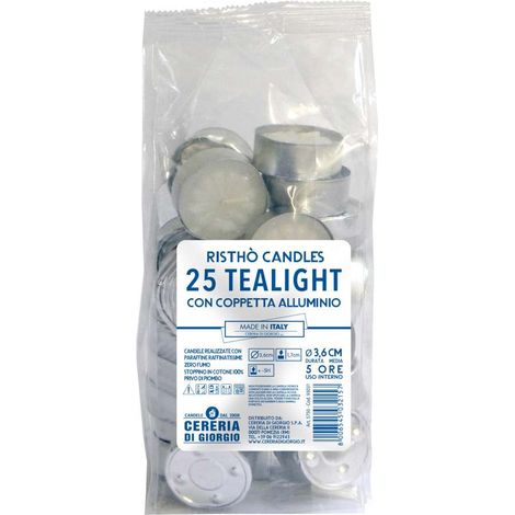 Cereria di Giorgio Tealight Bianco 25 Pz 5 Ore 3.6 cm Cera Naturale