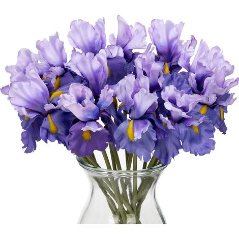 Lot de 15 fleurs artificielles d'iris violettes de 36 cm au toucher réaliste en soie pour mariage, maison, arrangements floraux, bureau, centre de table, décoration (1/5)