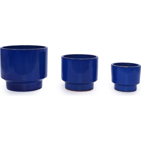 Set mit 3 handgefertigten Blumentöpfen aus blau glasierter Keramik mit Abflussloch (1/5)
