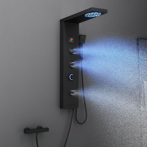 Colonne de douche sans robinet, panneau de douche 6 fonctions avec affichage LED de la température, douche à effet pluie, douche brumisée, 2 modes de jets de massage, douchette à main et bec (1/5)