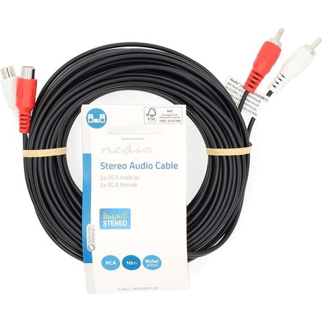 Nedis Stereo-Audiokabel / 2x RCA Stecker / 2x Cinch Buchse / Vernickelt / 10.0 m / Rund / Schwarz / Label