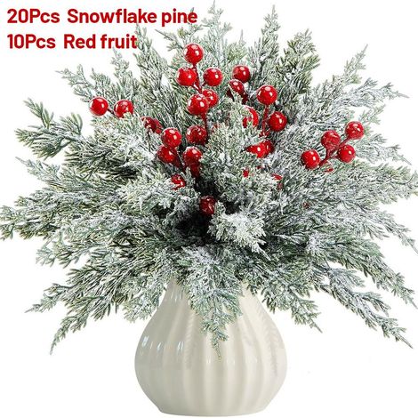 Branches De Pin De Norfolk - Faux Verts Hivernaux Avec Baies Rouges - Pour Décoration De Noël Et Tableau D'Hiver - 30 Pièces (1/5)