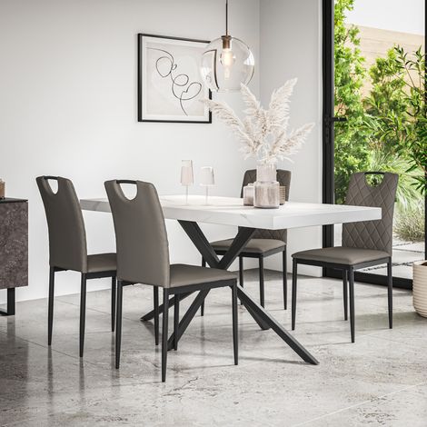 Donni Dining Table And Chairs - White Marble Effect Table Top w Black Legs + Monza Faux Leather Dining Chair Set Of 4 (Grey) (1/5)