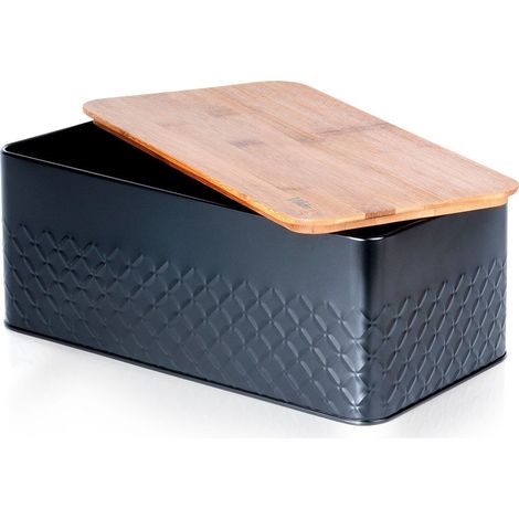 Boîte à pain en métal avec plateau en bois, noire, 33,5 x 18,5 x 12,5 cm (1/5)