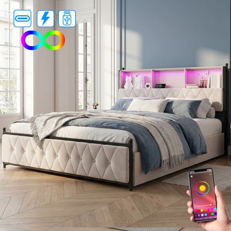 Lit double 140x200cm,lit rembourré avec LED et USB,4 tiroirs,cadre de lit 140x200 cm,Lit adulte capitonné,beige,velours (1/5)