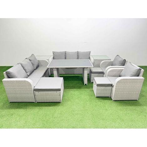 Fimous 11 Seater Wicker PE Rattan Furniture Outdoor Dining Table 3 Seater Sofa Reclining Chair Set with 2 Side Tables 3 Stools Light Grey (1/4)