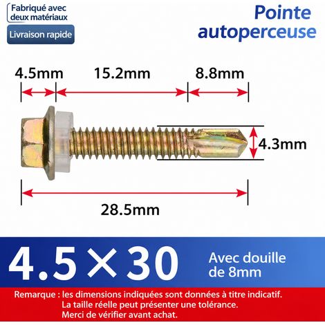 Vis autoperceuses tête hexagonale 30 mm acier zingué lot de 100 pièces avec douille 30 mm 100 1 kg – Livraison gratuite