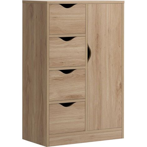 Buffet HOMCOM pour salon, 4 tiroirs, 1 porte et étagère intérieure, meuble de rangement multifonctionnel pour salle de bain, chambre, salle à manger, 54 x 29 x 83 cm, chêne