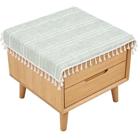 Tischdecke 55x55cm Boho Landhausstil Salbeigrün mit Jacquard Streifen und Quasten