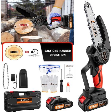 Mini tronçonneuse sans fil de 6 pouces, batterie 21V 5000W, scie à chaîne pour l'élagage des branches avec batterie 3Ah et 2 chaînes pour la coupe du bois (1/5)