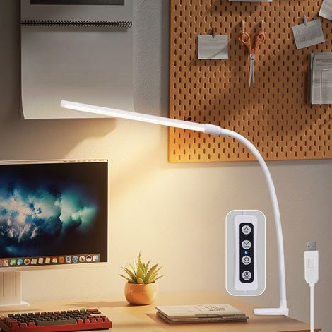 GBLY Lampada da scrivania a LED a pinza - Bianca Lampada diurna Lampada da scrivania con 3 temperature di colore e 5 livelli di luminosità USB Lampada da scrivania 5W Lampada da lavoro a pinza