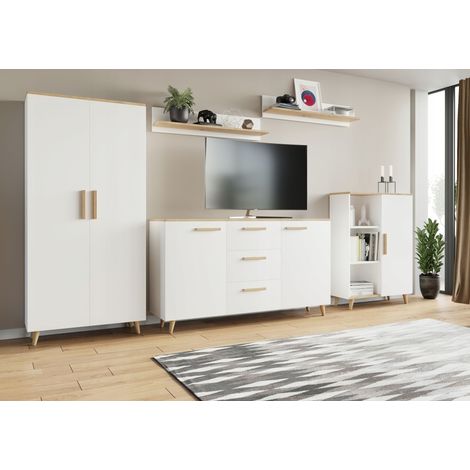 Parete attrezzata in stile scandinavo Lund, set di mobili per soggiorno