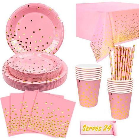 Set di Piatti e Decorazioni per Feste - INBOXXARTY - Rosa - 121 Pezzi - Piatti di Carta - Per Bambini