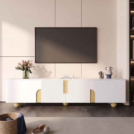 Meuble TV 180 cm avec 4 Portes Plateau Aspect Marbre Pieds en Bois Massif Style Moderne Blanc et Bois (1/5)