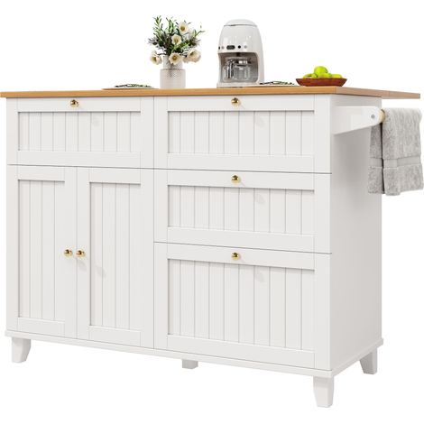 Îlot de cuisine moderne, buffet avec rangement, table multifonction extensible, meuble à manger à tiroirs, blanc effet bois