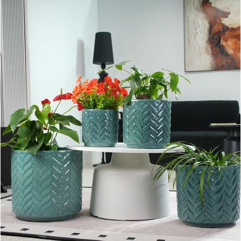 Maceta de cerámica Ø 20 cm azul agua con relieve en espiga y orificio de drenaje HAVRYA (1/5)