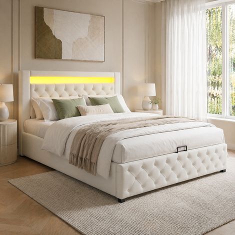 Cama tapizada de PU blanca 140x200 cm con somier de láminas, arcón de almacenaje y LED en cabecero (1/5)
