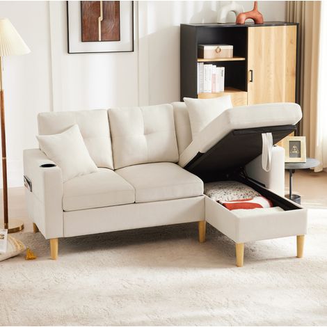 Canapé d’angle 175x129x90 cm beige en coton et lin avec rangement et porte-gobelets (1/5)