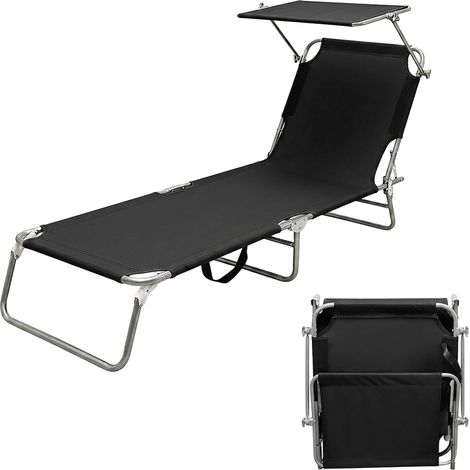 3-Bein Gartenliege klappbar mit Sonnendach - schwarz - Relax Sonnenliege mit 4-fach verstellbarem Rückenteil - Liege für Camping Garten Pool Spa Wellness