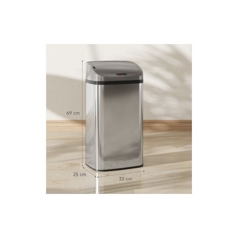 Poubelle à capteur 48 L en acier inoxydable, ouverture automatique, argent, pour cuisine ou bureau (1/5)