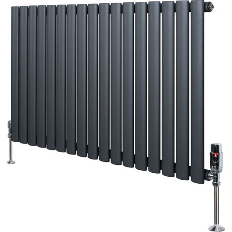 Radiateur à Colonnes Ovales & Vannes 1 Panneau 600 x 1020 mm en Acier Carbone Gris Anthracite Chauffage Centrale Moderne Horizontale Monté Sur Mur Cuisine [Brosse de Nettoyage & Supports INCLUSES]