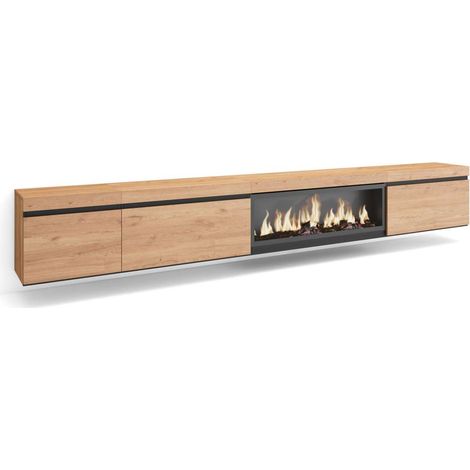 Mueble TV Adamuz de 317x45x35 cm con chimenea eléctrica XXL, suspendido, color roble (1/4)