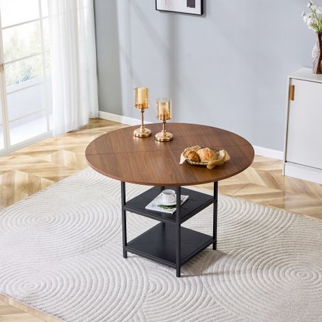 Tavolo da pranzo rotondo con diametro di 107 cm e doppio ripiano effetto noce, piano in MDF + struttura in metallo, adatto per 2-4 persone, perfetto per i pasti in famiglia in stile europeo.