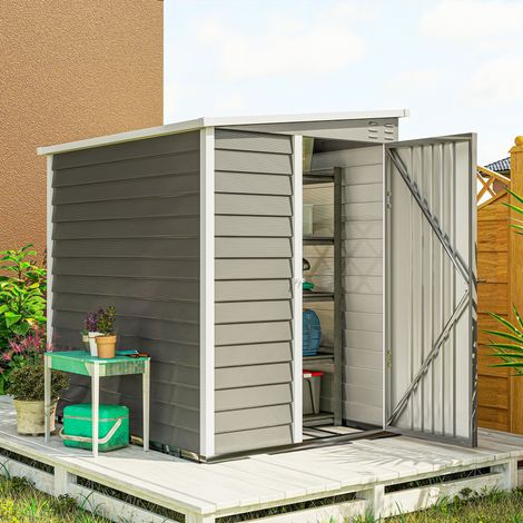 Casetta da giardino in metallo, acciaio zincato, porta con serratura, facile da montare, 142 x 184 x 165/181 cm, grigio