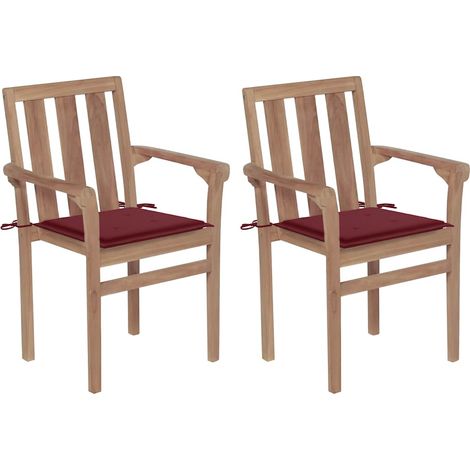 Gartenstühle 2 Stk. mit Weinroten Kissen Teak Massivholz