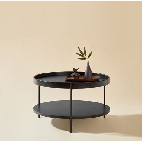 REDOM Mesa de centro (75.5x75.5x13 cm), diseño de 2 niveles, bandejas redondas, madera maciza y MDF, negro (1/5)