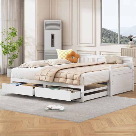 Letto con letto estraibile 90/180x190 cm con 2 cassetti e rete a doghe, in legno bianco, materasso non incluso (1/5)