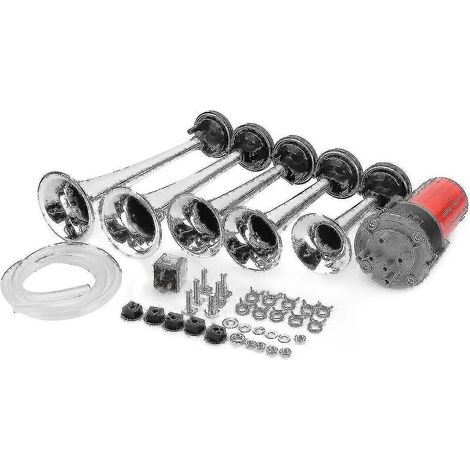 Klaxon à air noir à 5 trompettes 12 V 125 dB, style Dixie Musical, inspiré des Dukes of Hazzard, compatible avec compresseur d'air universel General-Lee pour voiture, camion et bateau (argenté). (1/4)