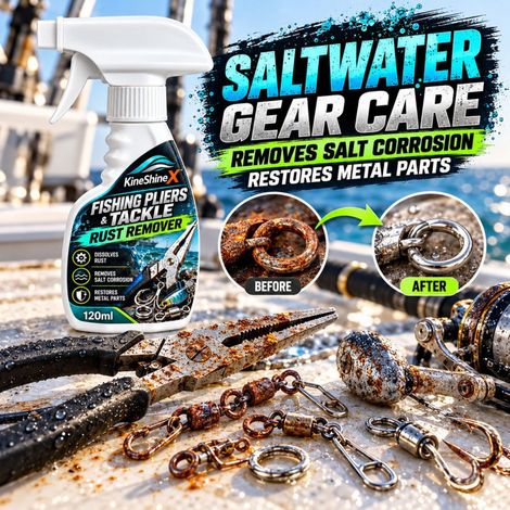 KineShineX fishing tackle metal parts rust remover spray, sea fishing tools rust removal and cleaning, fish hooks, figure-eight swivel connections (1/4)