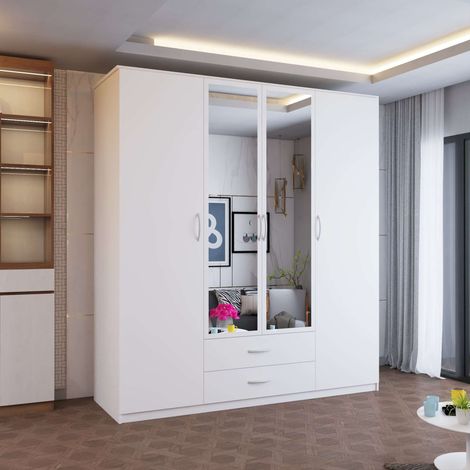 London 4 Door Hinged Wardrobe with Mirror and Storage - White 171cm (1/4)