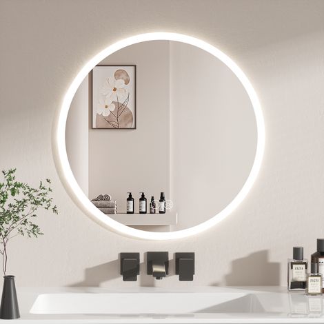 AquaWise Miroir LED Salle de Bain Ø70cm Rond Lumière Frontale Haute Luminosité Anti-buée Fonction Mémoire Cadre Aluminium, Bouton Tactile Intelligent, Économie d'Énergie