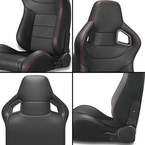 Siège baquet sport universel en similicuir PVC, coutures rouges, inclinaison réglable, dossier effet carbone avec rails de coulisse, sans support de fixation, lot d'1 pièce restant. (1/4)