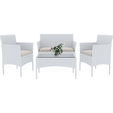 Arreditaly Set Di Mobili da Giardino Salotto Salottino in Rattan 4 Posti con Tavolino E Ripiano In Vetro 2 Poltrone e Divano 2 Posti Per Giardino Esterno Piscina Cuscini Sfoderabili (Bianco)