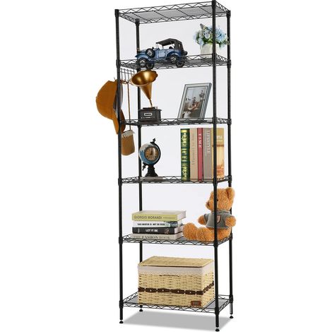 Scaffalatura a 6 Ripiani, Ripiano in Metallo, Scaffale metallica per soggiorno, camera da letto, bagno, garage, carico maxi 220 libbre, 160x 54 x 29 cm, nero (1/4)