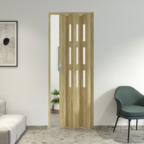 Porta a soffietto da interno in pvc 83x214 cm mod. Maya colore Rovere Cognac Chiaro con vetro Satinato