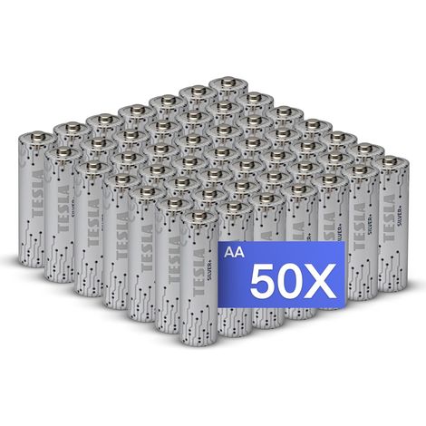 Piles AA Lot de 50 LR6 Piles Alcalines 1,5 V Puissantes Durables Tesla Silver + (1/5)